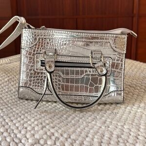 Silver Tone Faux Croc Mini Top Handle Crossbody Bag